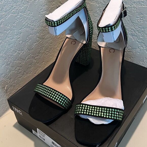 INC Womens 10.5 Green Bling Rhinestone Heel Sandals Black Strappy Cocktail Party - Picture 1 of 10